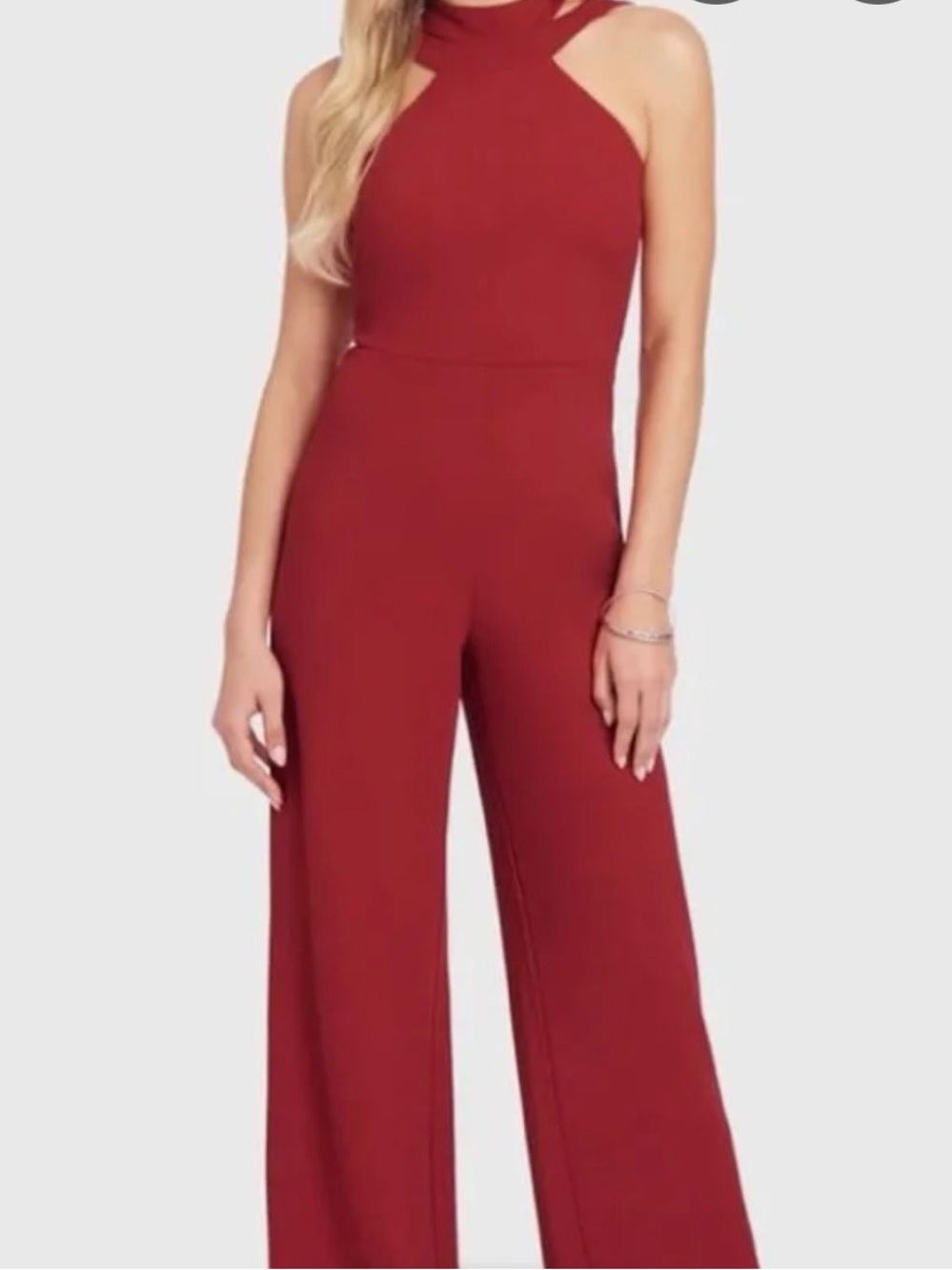 bebe sleeveless high-neck wide-leg jumpsuit in deep red